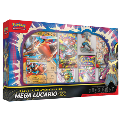 Coffret Premium Figurine Pokémon Méga-Lucario-ex FR avec figurine collector, carte Jumbo et boosters Pokémon