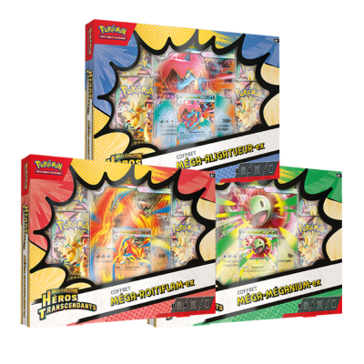 Coffret Pokémon Méga-Évolution-ex FR avec 4 boosters Héros Ascendants et carte promo exclusive