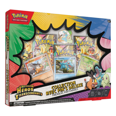 Coffret Pins Deluxe Pokémon Premiers Partenaires FR avec 5 boosters Héros Ascendants et pin's collector