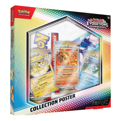 Coffret Poster Pokémon EV8.5 Évolutions Prismatiques FR avec Aquali Voltali Pyroli et poster collector